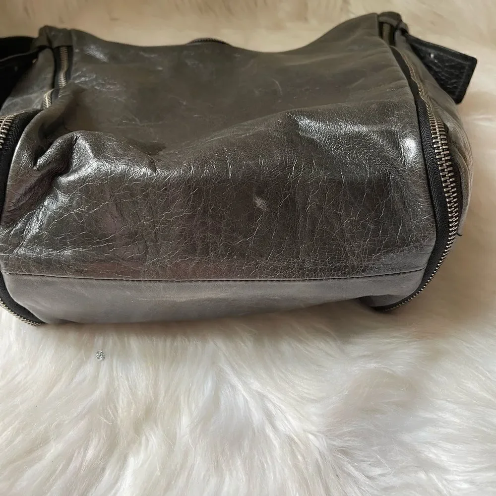 Arcadia gray Italian soft leather shoulder bag with extended silver tone…